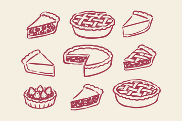 Pies and cake slices doodle sketch vector illustration