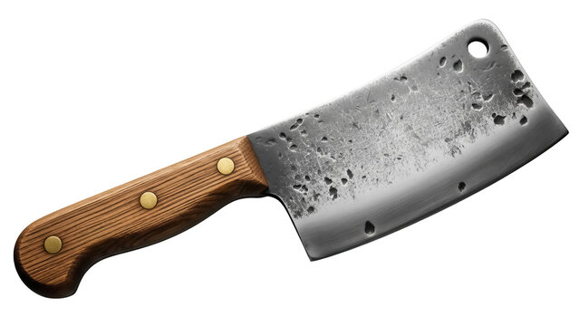 Rustic meat cleaver isolated PNG, vintage butcher knife with wooden handle on transparent background for culinary design and food preparation