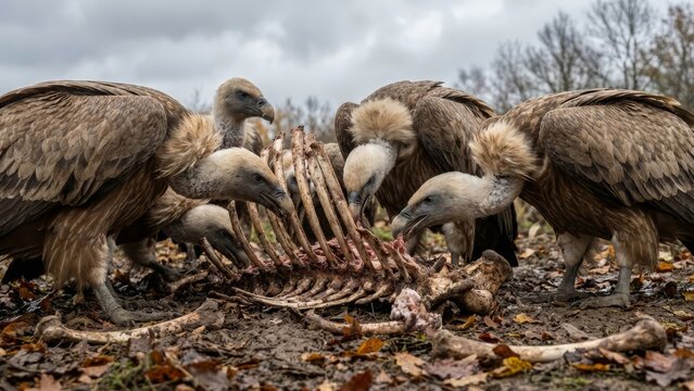 Griffin vultures are actively scavenging on a partially consumed animal ribcage and bones, contributing to the natural cycle of decomposition in a wild environment