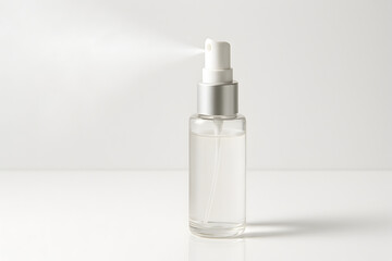 A clear glass spray bottle with a silver cap sits on a white surface, emitting a fine mist, set against a plain white background with subtle shadows