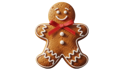 Gingerbread man cookie PNG isolated on transparent background, festive holiday treat with icing and red ribbon for Christmas designs