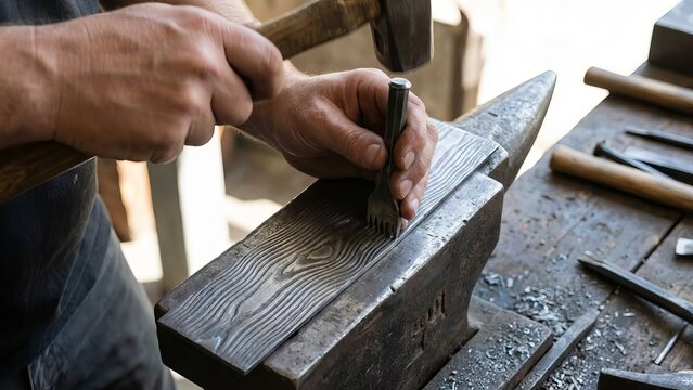 Skilled artisan's hands creating a metal art piece with traditional tools, showing dedication to intricate details and precision in the smithing process