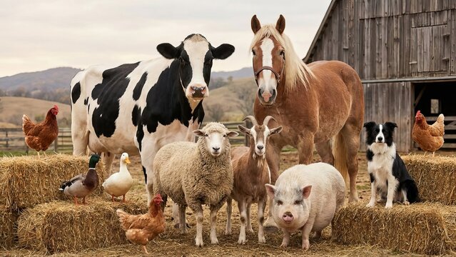 Diverse farm animals - cow, horse, sheep, goat, pig, border collie, ducks and chickens - posed on hay bales before an old wooden barn and rolling countryside, symbolizing rural unity