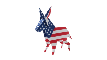 Origami donkey with American flag pattern isolated PNG, patriotic symbol for USA elections and political campaigns on transparent background