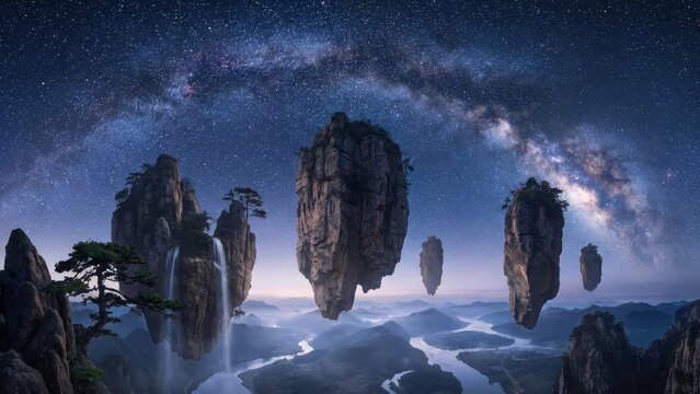 Fantasy landscape displaying a surreal night sky with a vibrant milky way arching over dramatic floating mountains, featuring waterfalls flowing into a winding river below