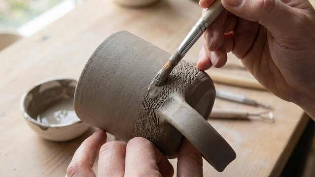 Hands holding an unglazed, textured ceramic mug, applying liquid glaze with a brush, symbolizing craftsmanship, creativity, and the detailed process of pottery making