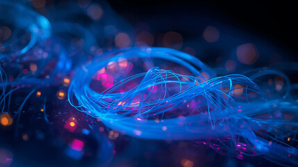 Blue and pink neon light trails swirling together in abstract motion