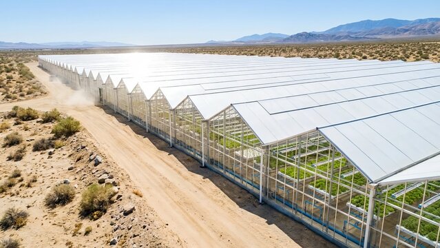 Extensive commercial greenhouse complex cultivating crops in vertical farming systems, demonstrating sustainable agriculture technology in a dry, mountainous desert landscape - Powered by Adobe