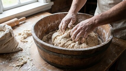 Baker hands kneading bread dough in a rustic wooden bowl on a flour-dusted wooden table, symbolizing handmade tradition, craft, and the process of baking
