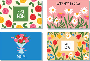 Mother’s Day greeting card illustration set, floral designs and messages, colorful vector artwork, celebration theme, flat graphic collection