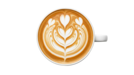 Latte art in a white cup isolated on transparent background PNG, coffee drink with heart and tulip pattern for cafe menu