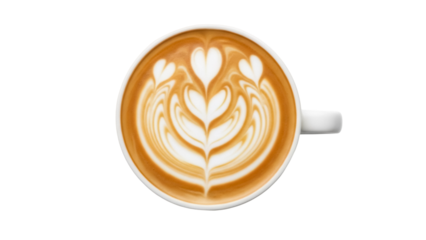 Latte art in a white cup isolated on transparent background PNG, coffee drink with heart and tulip pattern for cafe menu