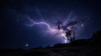 Violent lightning forks through dark purple clouds, striking a gnarled desert tree beneath a starry night, dramatic storm energy against a remote, desolate landscape