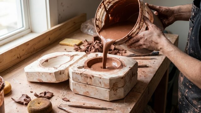 Artisan's hands pouring liquid clay into a plaster mold on a wooden workbench, creating handmade ceramics through the slip casting process in a pottery workshop