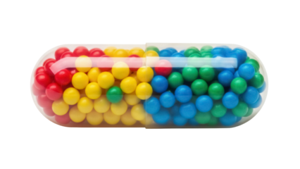 Colorful capsule with red yellow green and blue candy isolated PNG, medicine and health concept on transparent background