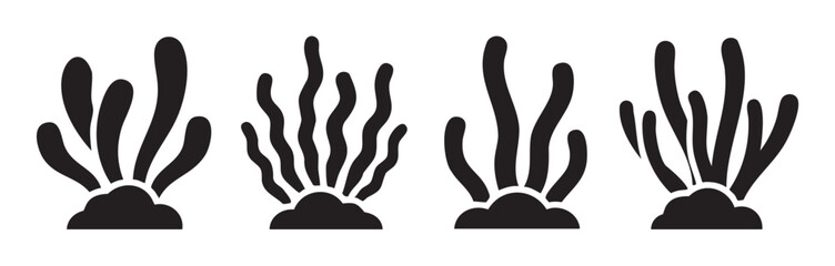 Obraz premium Marine plants and underwater flora silhouettes are shown in a collection of four distinct graphic illustrations, perfect for aquatic themes.