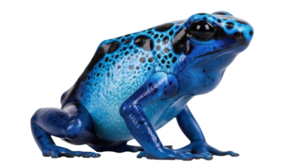 Blue poison dart frog isolated PNG, vibrant amphibian with black spots on transparent background, exotic pet for wildlife and nature designs