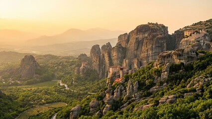 Meteora monasteries clinging to dramatic sandstone cliffs with a lush valley and winding roads below, bathed in the soft glow of sunset, representing ancient spirituality and isolation