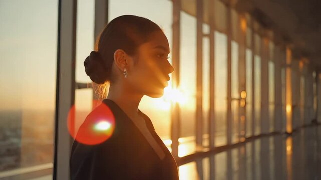Elegant Woman Standing by Window with Golden Sunset Light