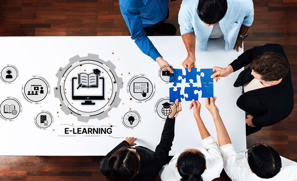 Group of diverse professionals collaborating on an e-learning project in a modern office, showcasing teamwork with puzzle pieces and technology icons around them. Trope - Powered by Adobe