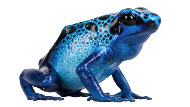 Blue poison dart frog isolated PNG, vibrant amphibian with black spots on transparent background, exotic pet for wildlife and nature designs