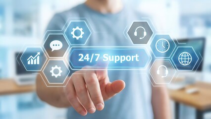 Business professional interacting with a glowing digital interface featuring icons for global connectivity technical assistance and around the clock customer service availability