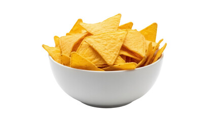 Golden yellow tortilla chips in a bowl isolated PNG, crunchy snack food for parties and gatherings on transparent background