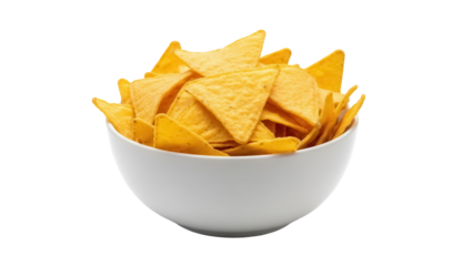 Golden yellow tortilla chips in a bowl isolated PNG, crunchy snack food for parties and gatherings on transparent background