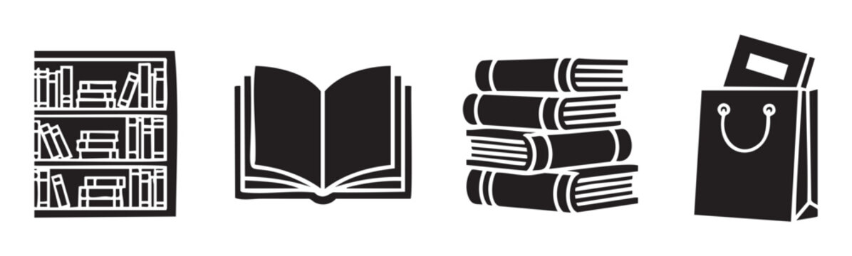Books, bookshelf, open book, stack, shopping bag icons representing reading, education, and knowledge in a minimalist black and white vector style.