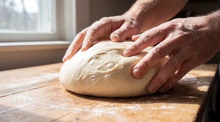 Hands are kneading and shaping fresh bread dough, covered in flour, on a rustic wooden surface next to a window, capturing the essence of home baking and culinary craftsmanship
