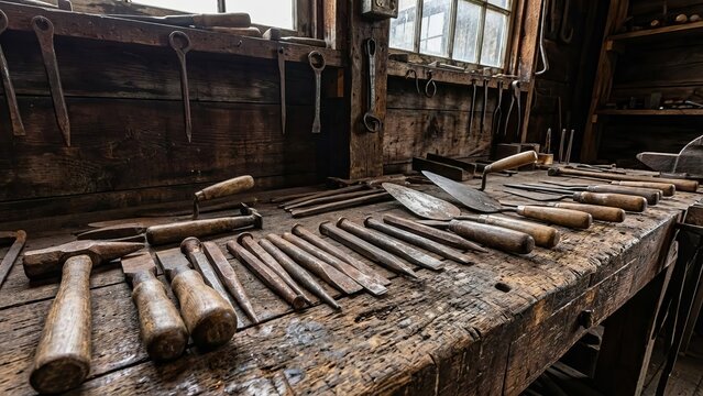 Blacksmith workshop workbench with vintage metalworking tools and mallets on worn wood, dusty window light highlighting rustic hammers, chisels and anvil-traditional craftsmanship preserved - Powered by Adobe