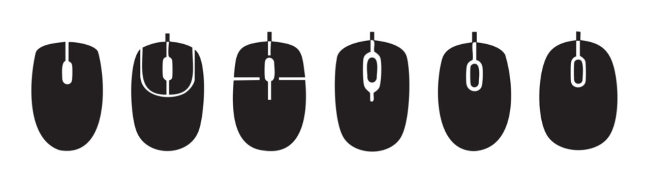 Six computer mouse icons in a row showcasing various button and scroll wheel configurations, representing modern technology and user interface elements.