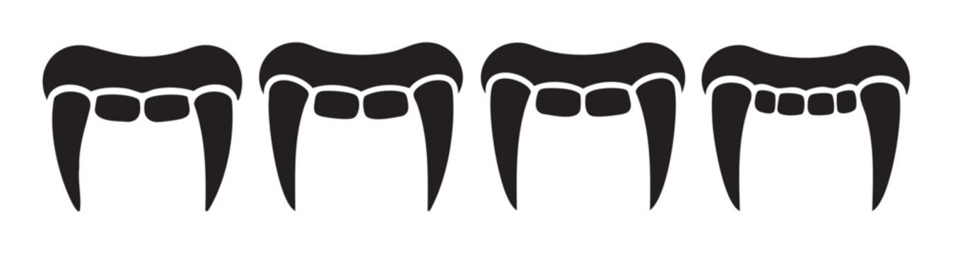 Four black vampire fangs with sharp teeth and gums are arranged horizontally, creating a spooky and minimalist Halloween illustration.