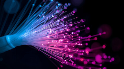 Fiber optic cables with pink and blue lights on dark background