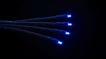Obraz premium Four fiber optic cables with blue glowing ends aligned in a row