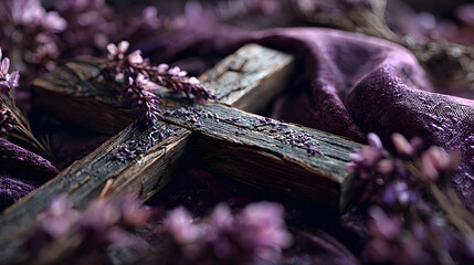 Sacred journey with a purple background featuring a cross adorned with lavender-colored ash, symbolizing Ash Wednesday and the purity of Catholic Easter.
