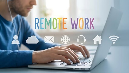 Young man wearing headphones actively types on a modern laptop surrounded by digital icons representing the essential tools for successful remote work from home