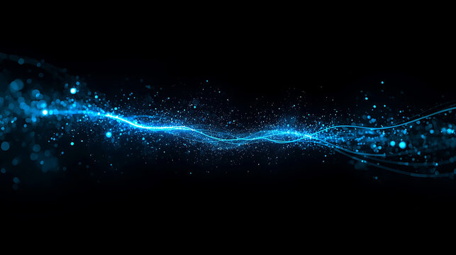 Glowing blue light trail with particles on black background - Powered by Adobe