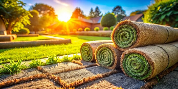 Fresh Spring Lawn Installation: Laying Rolled Turf on Sunny Day