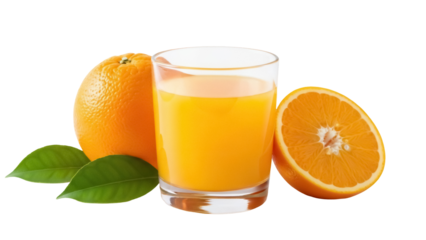 Refreshing orange juice in glass with whole and halved oranges isolated PNG, healthy citrus drink for breakfast and vitamin C boost