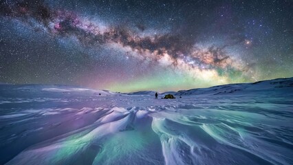 Solo adventurer camping in a tent on a vast snow-covered mountain landscape under the beautiful night sky, with the milky way galaxy and colorful aurora borealis streaking across