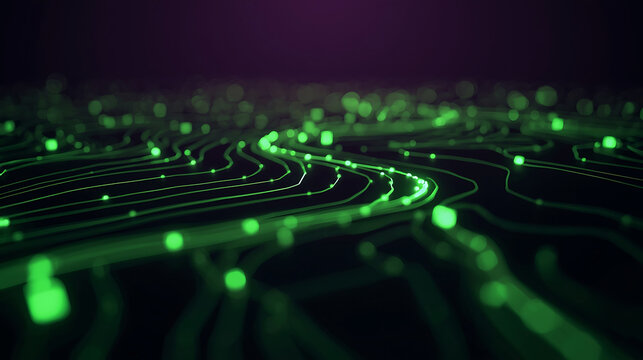Green neon lines and dots on dark background forming a futuristic circuit board pattern - Powered by Adobe
