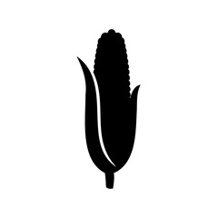 Single black silhouette of a corn cob with husk on a white background