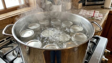 Glass canning jars with metal lids processing in a large pot of boiling water and steam on a stove, preparing food for long-term storage and home preservation