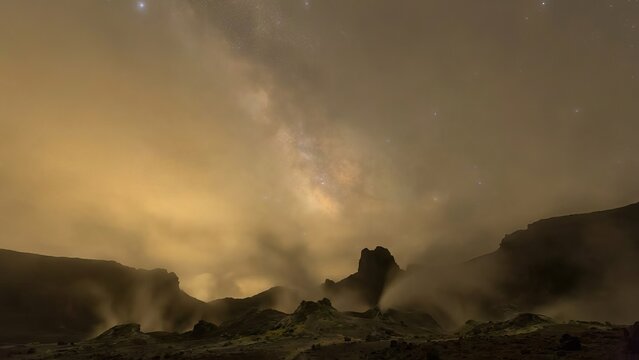 Milky way band shining brightly above a dramatic volcanic landscape featuring steaming fumaroles and bubbling mud pots under a starry night sky in the hverir geothermal field, iceland