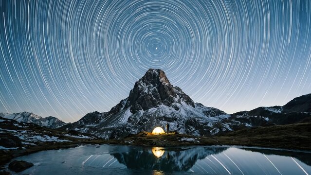 Star trails revolving gracefully above a snowy mountain peak, an illuminated tent, and a frozen lake offering a stunning reflection under a dark night sky - Powered by Adobe