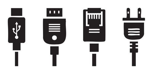 Various electronic computer network and power connectors including USB, HDMI, Ethernet, and electrical plug types, presented as a collection of essential digital connection tools.