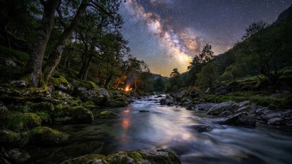Milky way galaxy arching across a dark night sky, illuminating a flowing river in a rocky forest valley with a warm campfire burning on the bank, creating a peaceful and serene wilderness scene