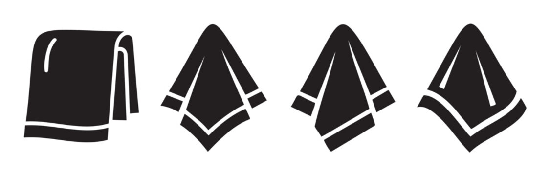 Four black silhouette towel icons set with various folds and drapes representing hygiene, cleanliness, and domestic use in a simple graphic design.