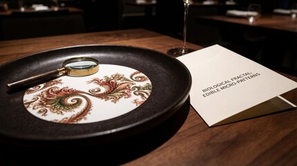 Culinary exploration showcasing a magnifying glass on a plate with intricate edible micro-patterns and a menu indicating biological fractal: edible micro-patterns